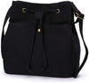 Drawstring Bucket Bag for Women Large Crossbody Purse and Shoulder Bag Canvas Tote Handbags (Black)
